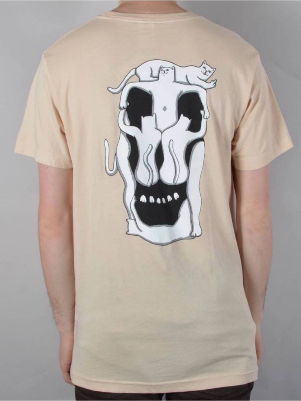 Ripndip Beige Tee with Black & White Skull-Cats Graphic